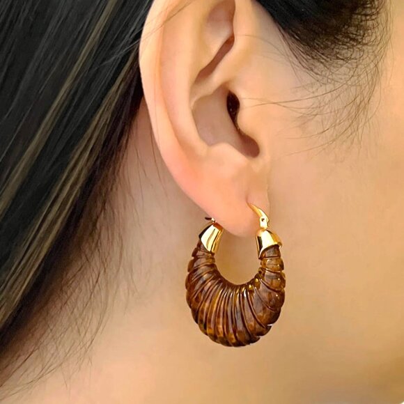 Anthropologie Jewelry - NEW Gabi Sculptural Frosted Tortoise Brown 18K Gold Hoop Earrings Hoops